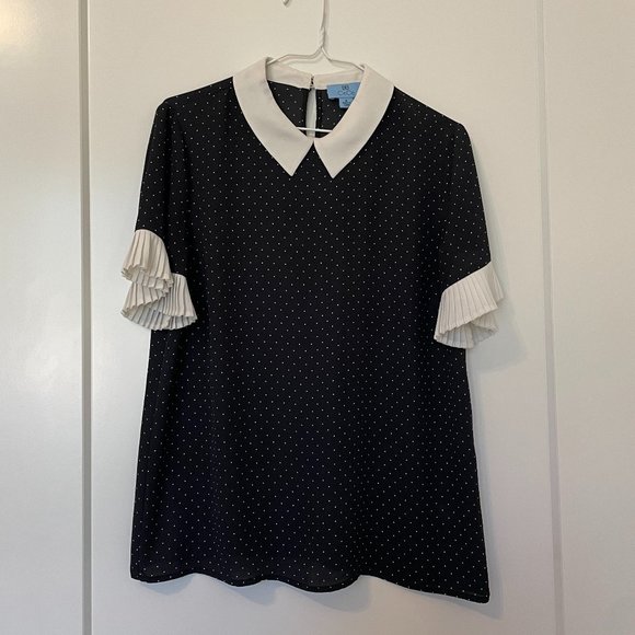 CeCe Womens Short Sleeve Polka Dot Collared Blouse Navy Blue White Size Medium - Picture 5 of 11